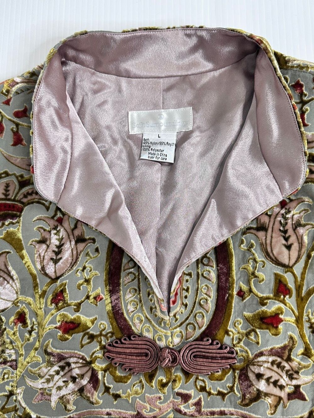 Soft Surroundings Velvet Burnout Long Jacket L Chinoiserie Frog Closure Boho Lux - Picture 12 of 16